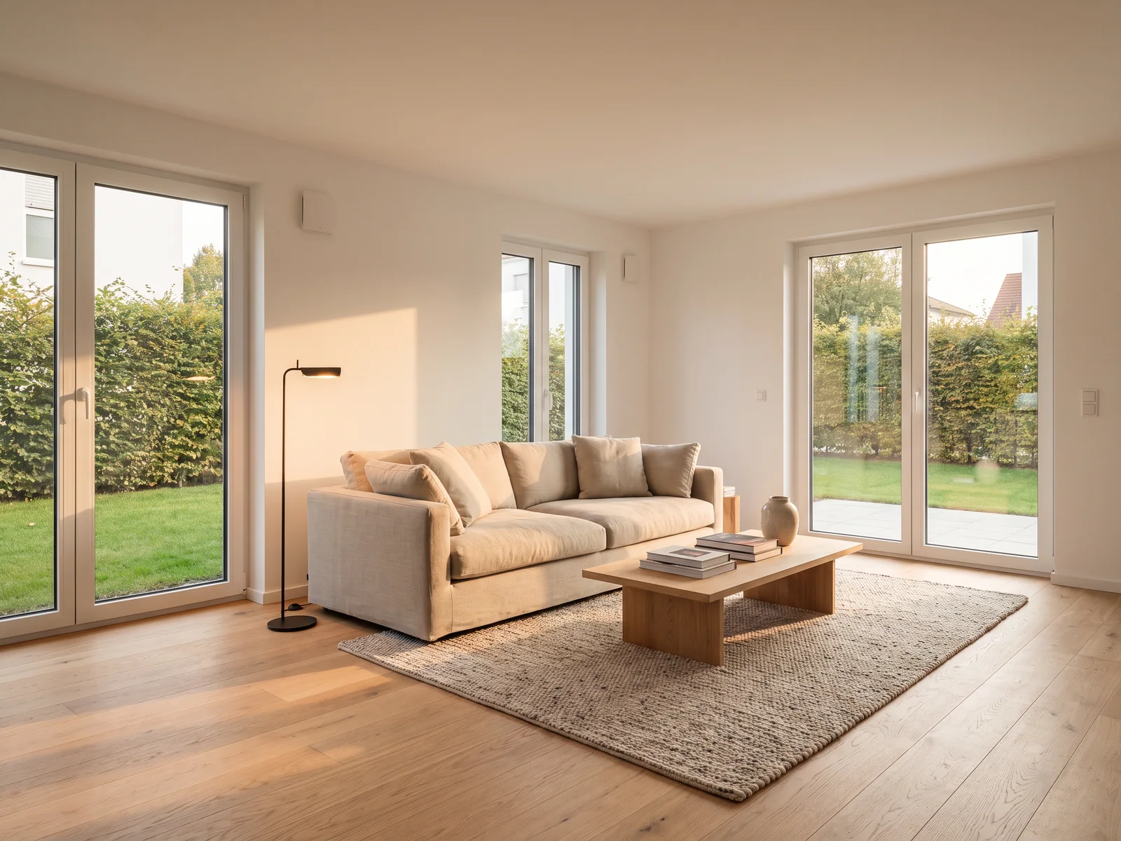 Heller Wohnraum mit Eichenparkett und großen Fenstern zum Garten, illustratives Motiv